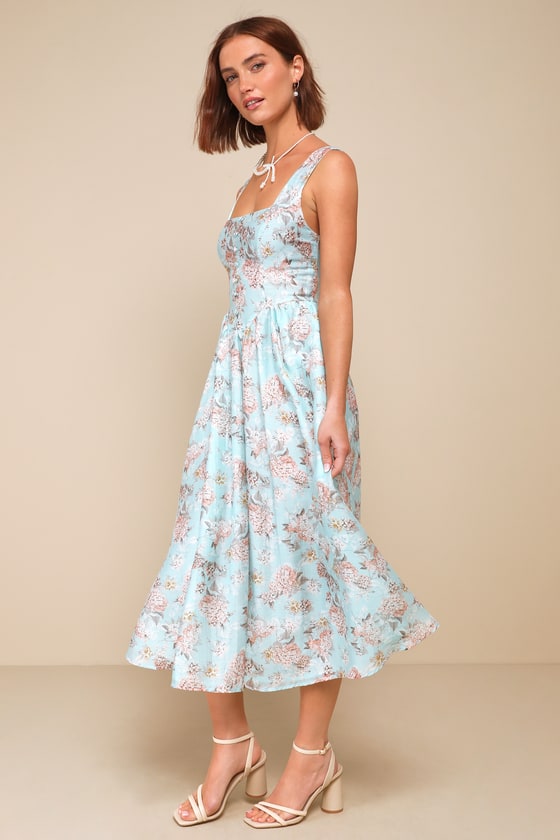 Darling Adoration Light Blue Floral Midi Dress With Pockets