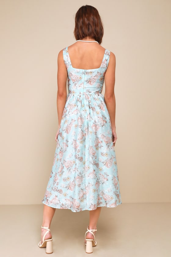 Darling Adoration Light Blue Floral Midi Dress With Pockets