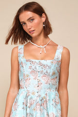 Darling Adoration Light Blue Floral Midi Dress With Pockets