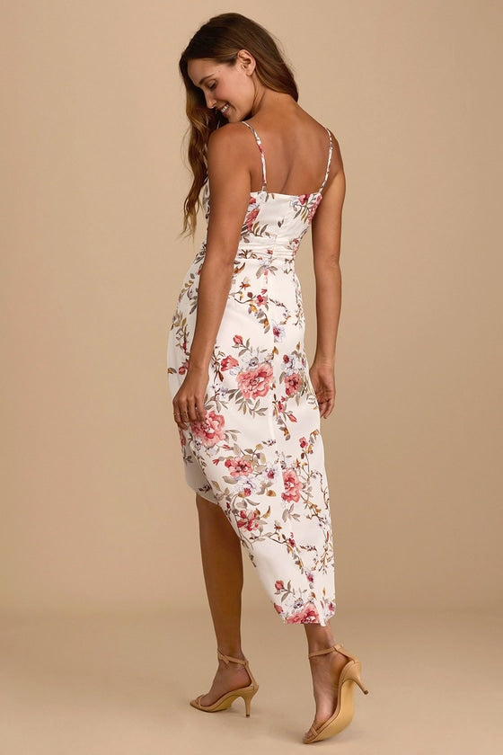 My Favorite Day Ivory Floral Print Tulip Skirt Midi Dress