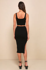 Set For Life Black Ribbed Bodycon Two-Piece Midi Dress