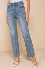 Enviable Aura Medium Wash High-Rise Raw Hem Straight Leg Jeans
