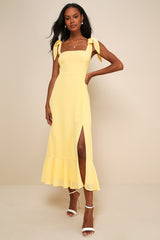 Summer Invite Yellow Tie-Strap Tiered Midi Dress