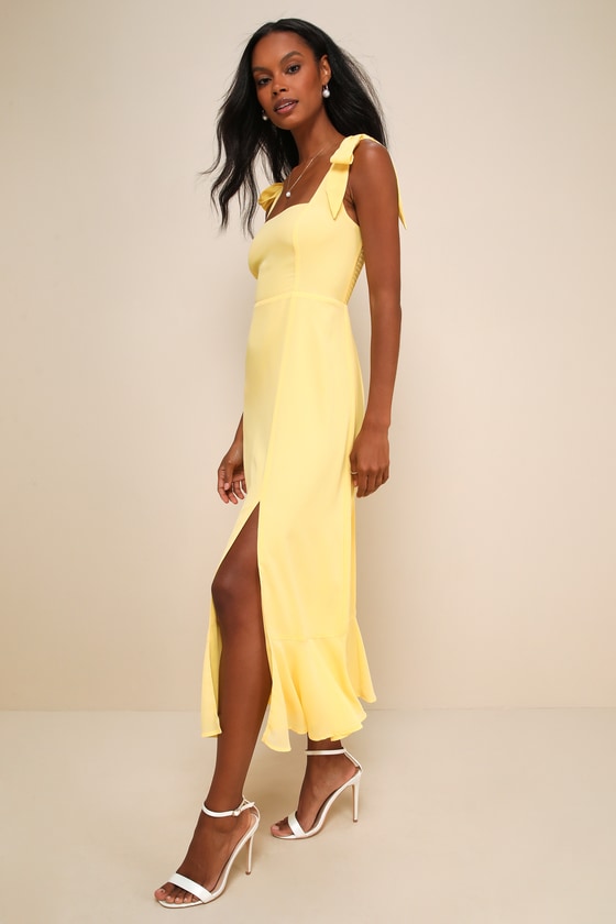 Summer Invite Yellow Tie-Strap Tiered Midi Dress