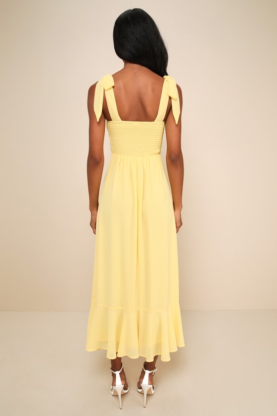 Summer Invite Yellow Tie-Strap Tiered Midi Dress
