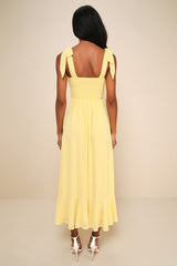 Summer Invite Yellow Tie-Strap Tiered Midi Dress