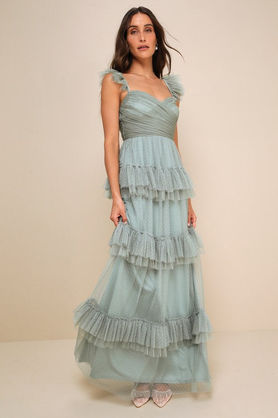 Pure Radiance Sage Brush Mesh Swiss Dot Tiered Maxi Dress