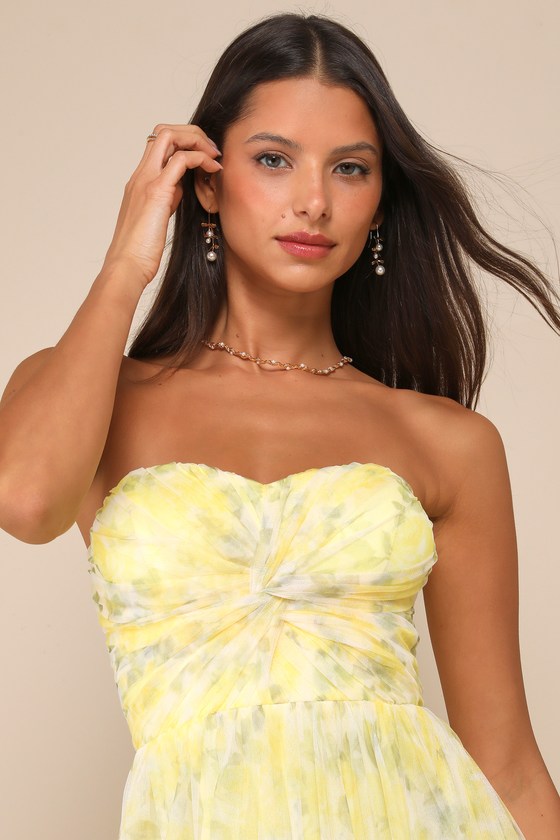 Perfect Whimsy Yellow Floral Mesh Strapless Midi Dress