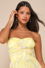 Perfect Whimsy Yellow Floral Mesh Strapless Midi Dress