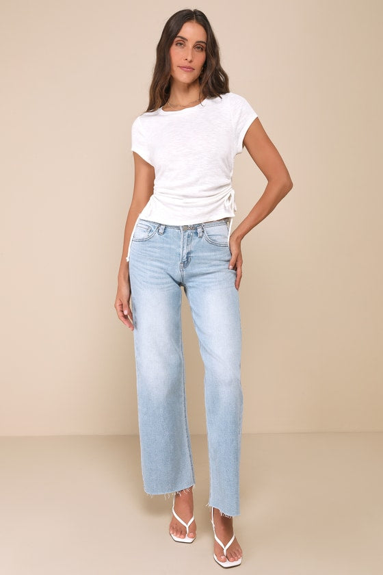 Sweet Forever Ivory Burnout Ruched Short Sleeve Tee