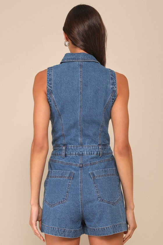Irresistible Days Medium Wash Denim Collared Sleeveless Romper