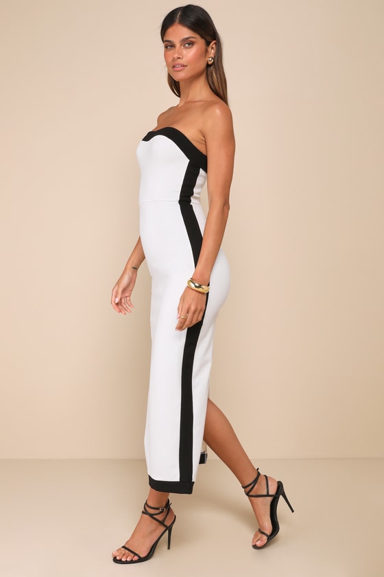 Impressive Edge White Color Block Strapless Midi Dress