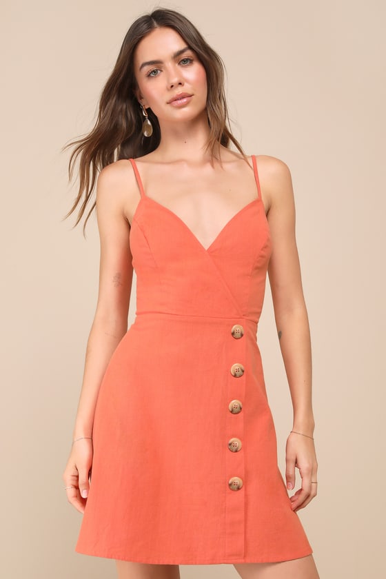 Sweet Breeze Orange Surplice Button-Front Mini Dress