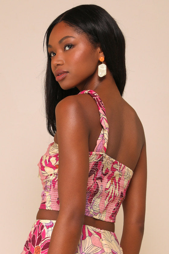 Something Wild Pink Floral Print Pleated One-Shoulder Crop Top