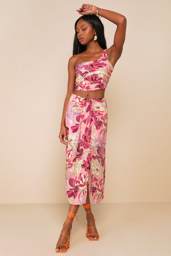 Something Wild Pink Floral Print Pleated One-Shoulder Crop Top