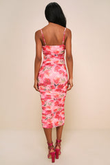 Blossoming Excellence Pink Floral Mesh Ruched Midi Dress