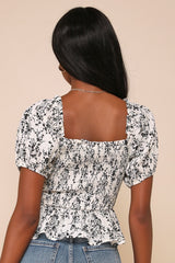 Sweetest Direction Ivory and Black Floral Puff Sleeve Top