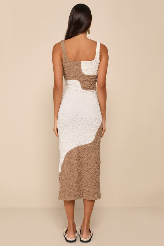 Instantly Adored Taupe and Cream Color Block Textured Midi Dress