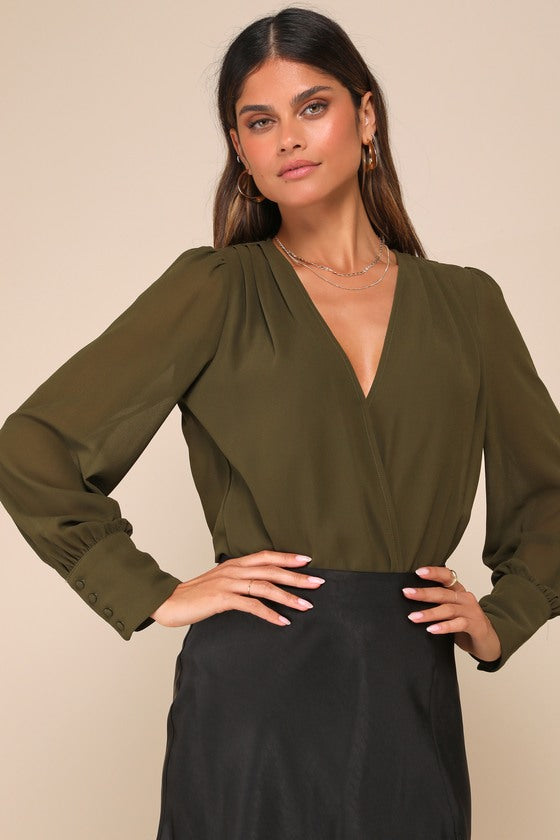 Sophisticated Aspect Olive Chiffon Surplice Long Sleeve Bodysuit