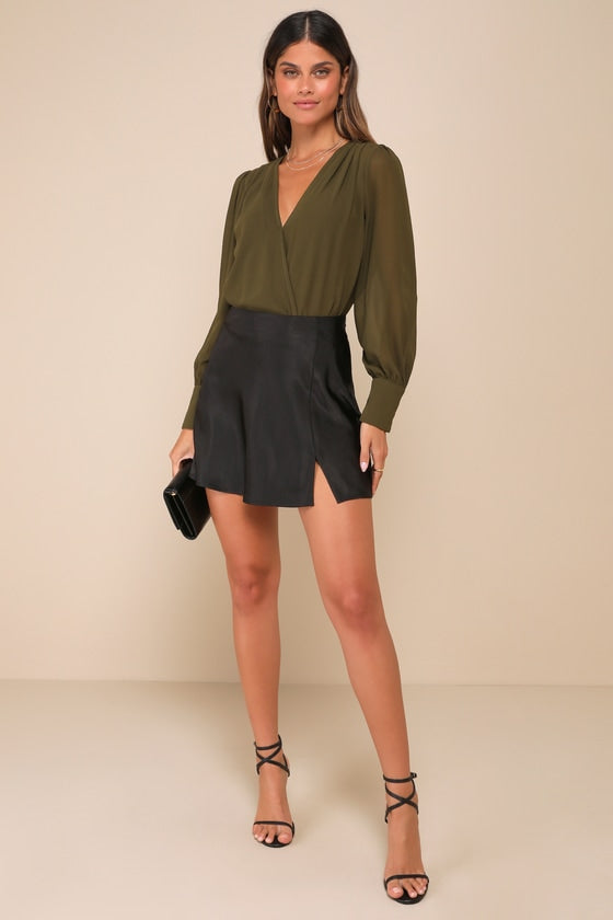 Sophisticated Aspect Olive Chiffon Surplice Long Sleeve Bodysuit