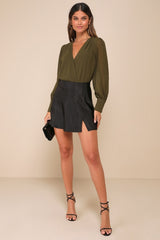 Sophisticated Aspect Olive Chiffon Surplice Long Sleeve Bodysuit