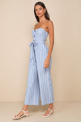 Sunny Day Classic Blue and White Striped Strapless Jumpsuit