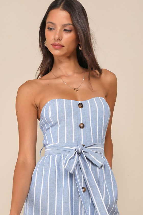 Sunny Day Classic Blue and White Striped Strapless Jumpsuit