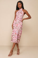 Unique Impression Pink 3D Floral Embroidered Halter Midi Dress