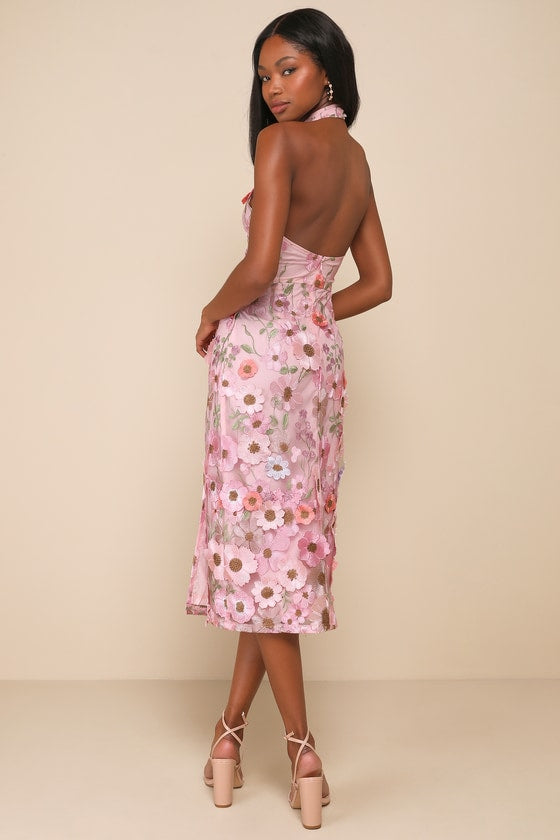 Unique Impression Pink 3D Floral Embroidered Halter Midi Dress