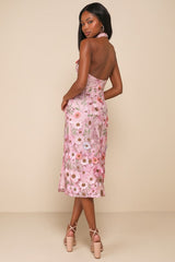 Unique Impression Pink 3D Floral Embroidered Halter Midi Dress