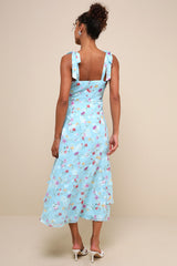 So Elevated Blue Floral Jacquard Tie-Strap High-Low Midi Dress