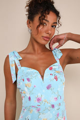 So Elevated Blue Floral Jacquard Tie-Strap High-Low Midi Dress