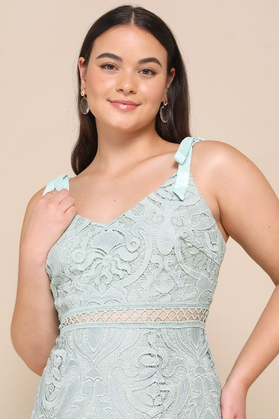 Won Your Heart Sage Green Lace Tie-Strap High-Low Midi Dress