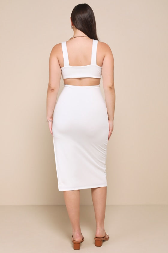 Divide and Contour White Ribbed Cutout Bodycon Midi Dress