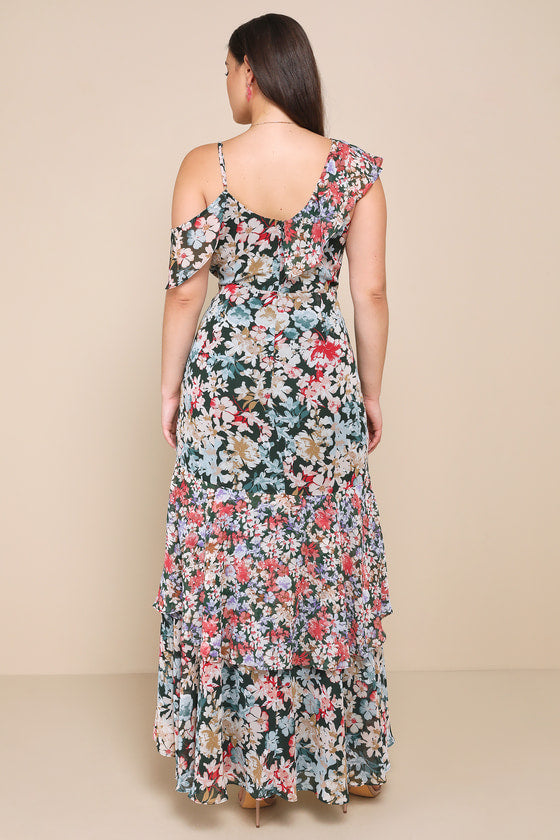 Radiant Hunter Green Floral Print Chiffon Maxi Dress