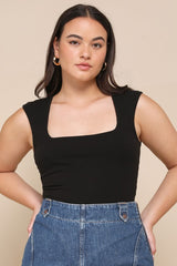 Sweet Crush Black Ribbed Square Neck Bodysuit