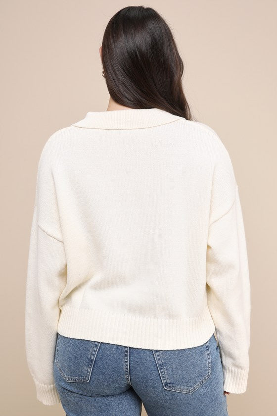 Cozy Forecast Ivory Collared Pullover Sweater