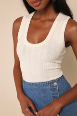 Conveniently Cute Cream Pointelle Knit Scoop Neck Tank Top