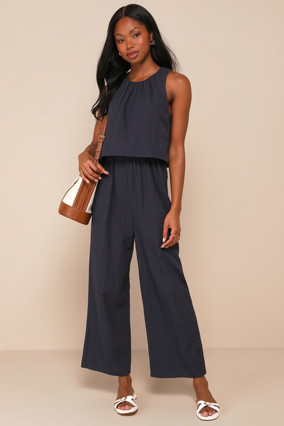Breezy Sophistication Navy Blue Textured Wide-Leg Jumpsuit