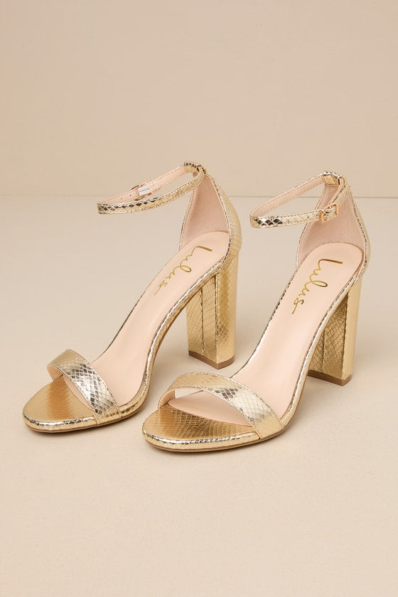 Taylor Light Gold Snake-Embossed Ankle Strap Heels