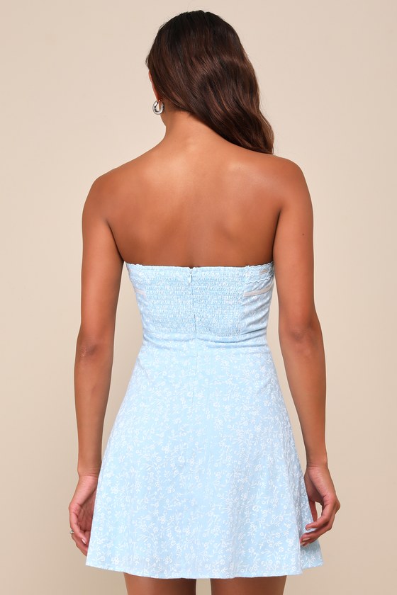 Precious Babe Light Blue Floral Ribbon Strapless Mini Dress