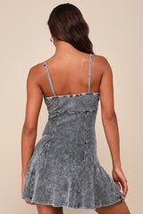 Simply Pretty Washed Black Ribbed Pleated Sleeveless Mini Dress