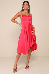 Days Like Today Magenta Satin Asymmetrical Tie-Back Midi Dress