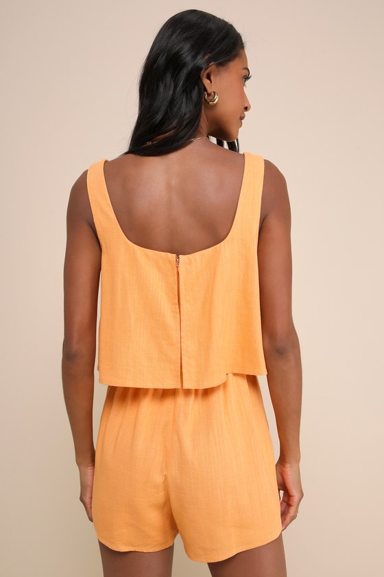 Effortless Escape Light Orange Linen Sleeveless Flounce Romper
