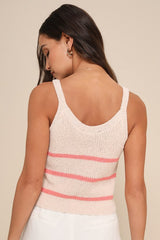 Effortless Sunshine Beige and Coral Striped Sweater Tank Top