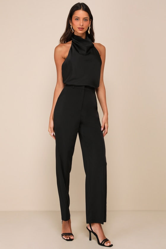 Chic Event Black Satin Cowl Backless Halter Top