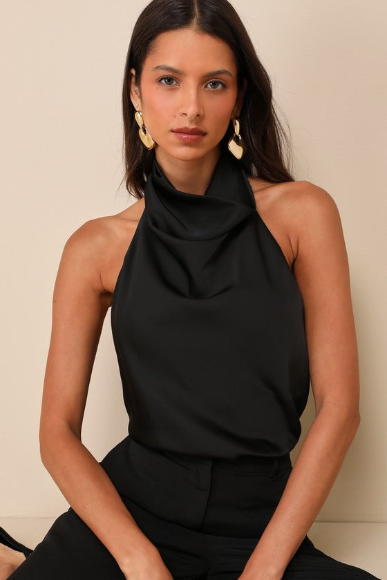 Chic Event Black Satin Cowl Backless Halter Top