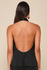 Chic Event Black Satin Cowl Backless Halter Top