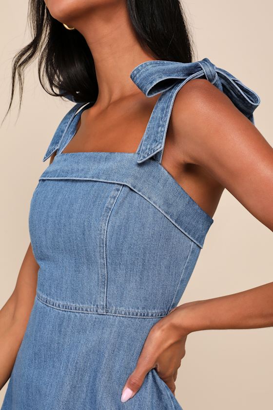 Precisely Sweet Medium Wash Tie-Strap Denim Mini Dress