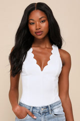 Admired Poise White Scalloped V-Neckline Sleeveless Bodysuit